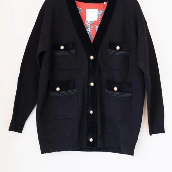 Sandro velvet trim Cardigan with gold buttons S EUC - Picture 1 of 8